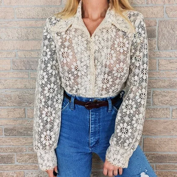 60's Sheer Lace Floral Blouse - Picture 1 of 6